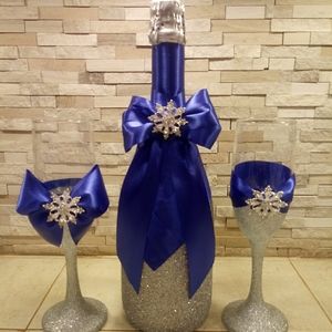 Decorated wine bottle and glasses